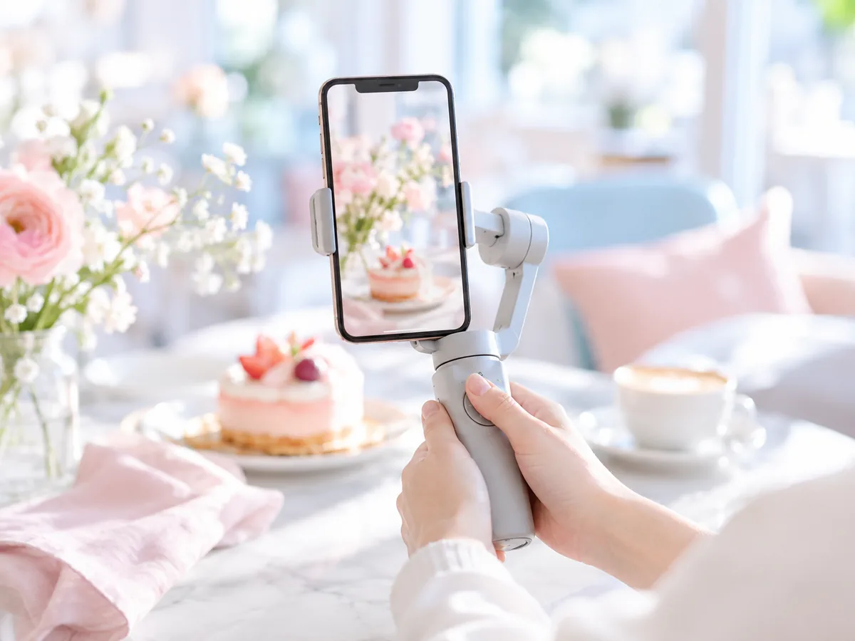 ジンバルに付けたスマートフォンで縦型動画を撮影する手元